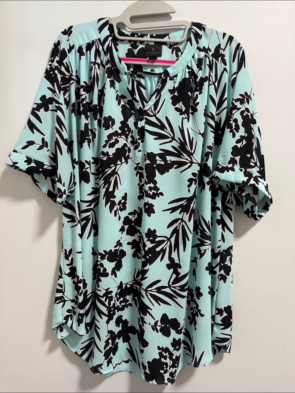 Worthington Mint Green and Black Floral Short Sleeve Top XL